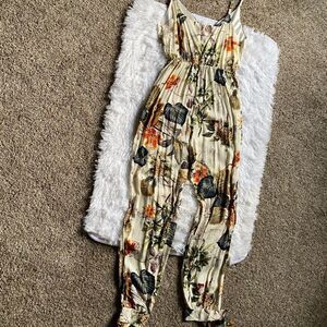 Tropical Hawaiian Floral Pants Jumpsuit Slit Legs Tie Ankle Elastic Waist Thin